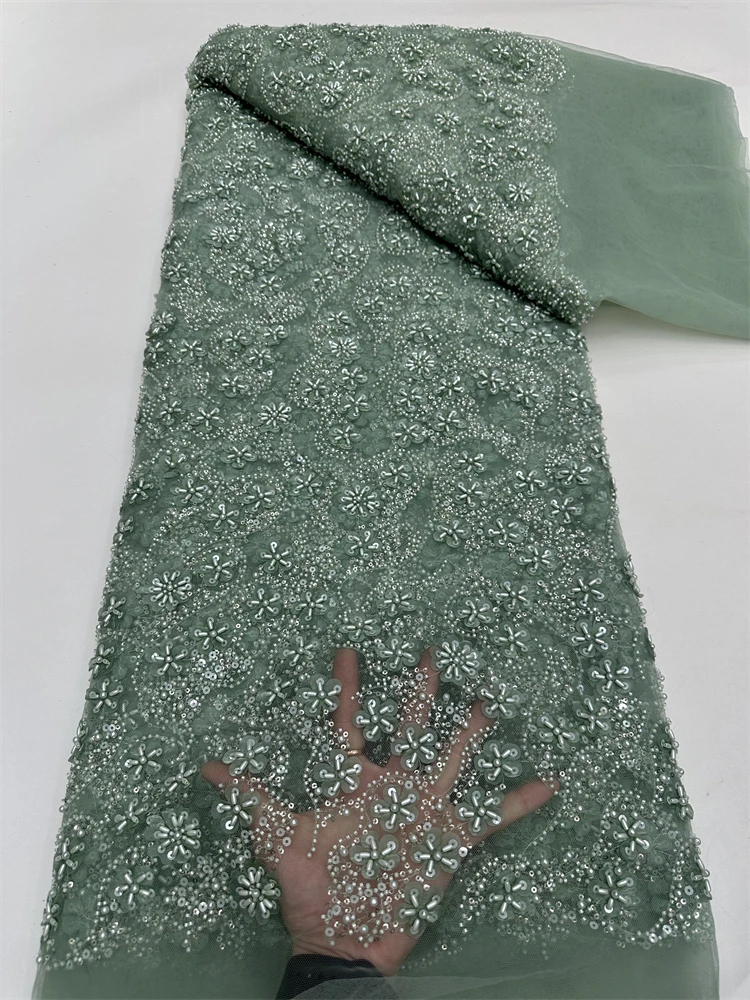 Luxury Hand Beaded Lace Fabric Bridal Fabric High-end Wedding Fabrics French Nigerian Sequins Beads Embroidered on Tulle 5 Yards