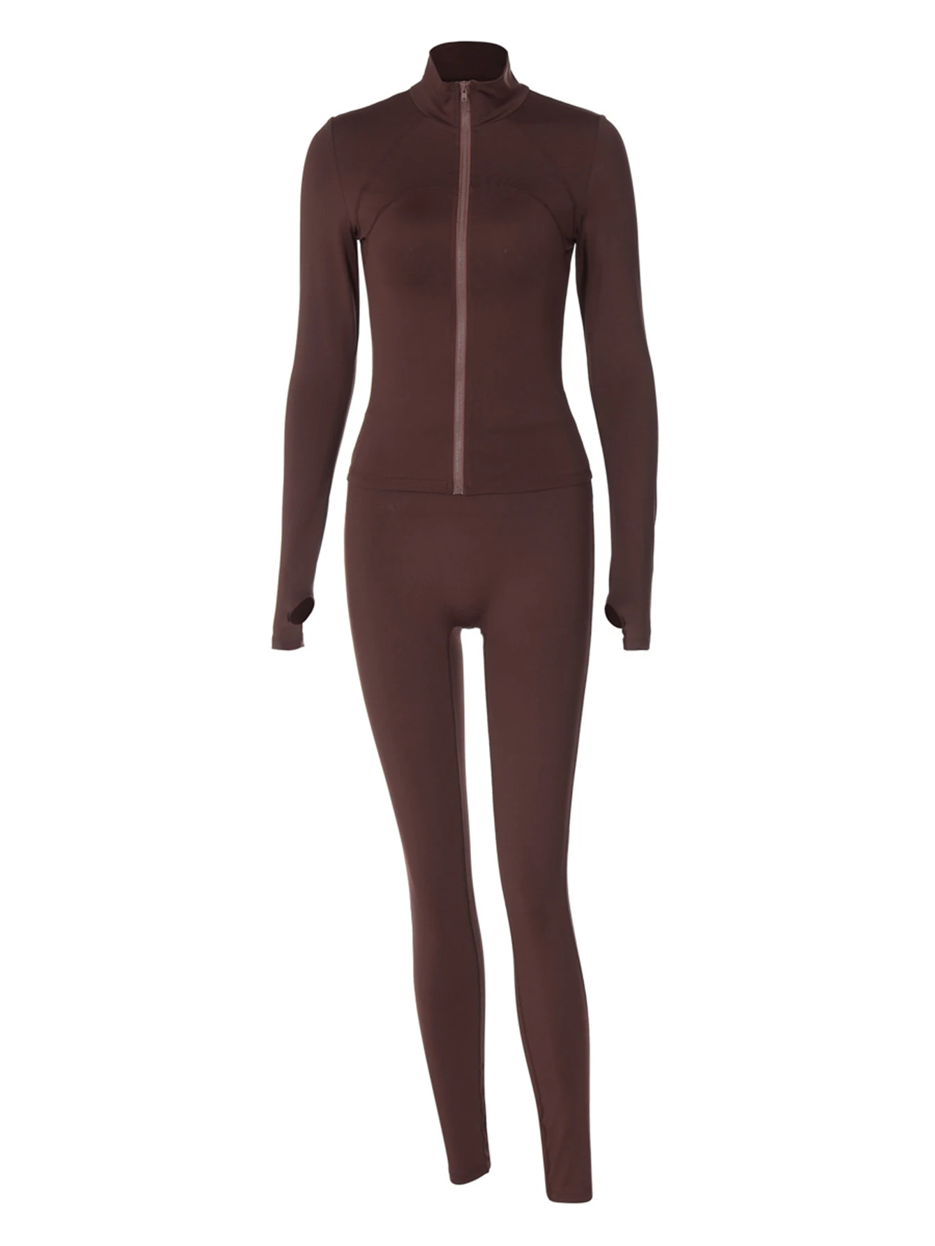 طقم نسائي رياضي بأكمام طويلة وياقة واقفة وسروال رصاص عالي الخصر للكاحل كاجوال للخريف