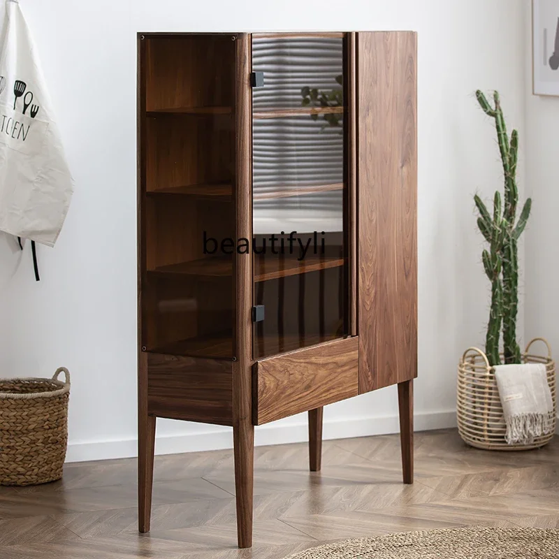 V Black Walnut Wood Sideboard Cabinet Multi-Purpose Display Cabinet for Living Room Wall Wine Cabinet Lockers with Glass Door