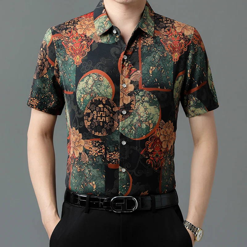 

Mens Flowers Print Silk Clothes 2023 Summer Silky Smooth Printing Shirts Male Fashion Soft Silk Dress Shirts Short Sleeved