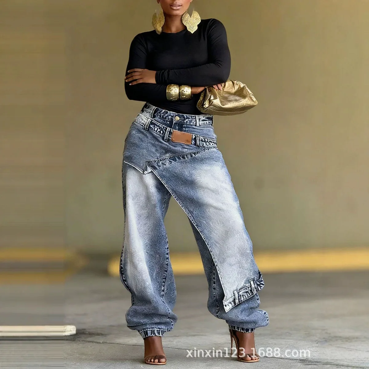 Washed Patchwork Baggy Jeans Irregular Asymmetric Wrap Front Denim Pants Women Cuffed Ankle Wide‑Leg Casual Denim Trousers