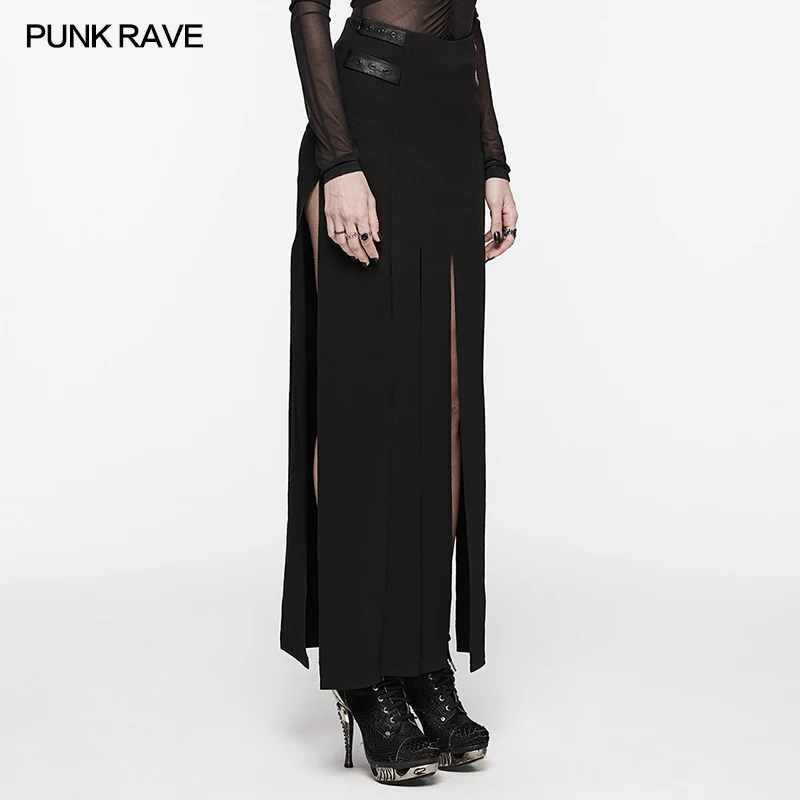 PUNK RAVE Women's Daily Cool Punk Stretch Knit Split Cut Skirt Personalized Simple Style Streetwear Long Black Skirts