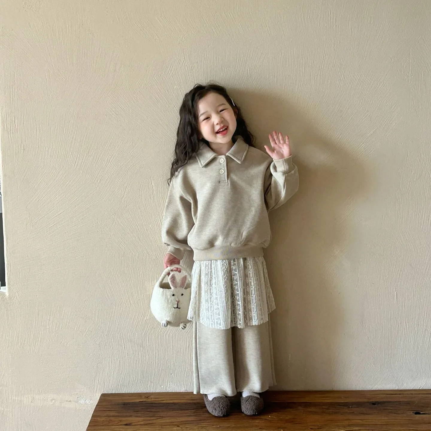 여아 세트 플러스 플리스 라펠 후드 방귀 커튼 바지 투피스 세트, 단색 아동복, 2024 겨울 신상