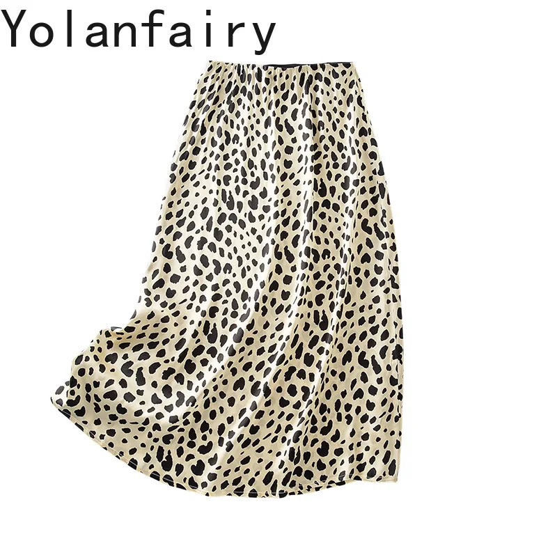 YOLANFAIRY Beautiful Leopard Skirt Women's Clothes 100% Real Mulberry Silk Skirt for Woman Vintage Satin Skirts High Waist Skirt