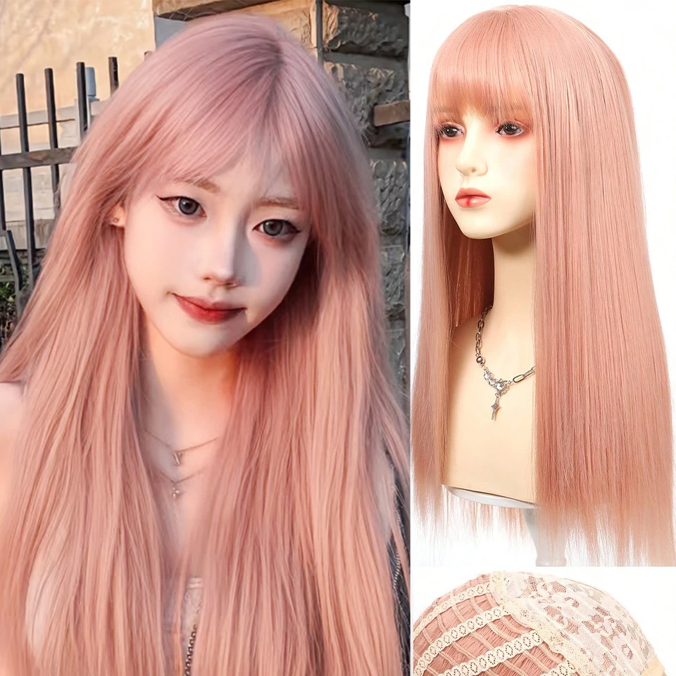 

Парик с грейпфрутовой пудрой, длинный прямой синтетический парик для женщин, модный парик для повседневного костюма на Хэллоуин, вечерние косплей