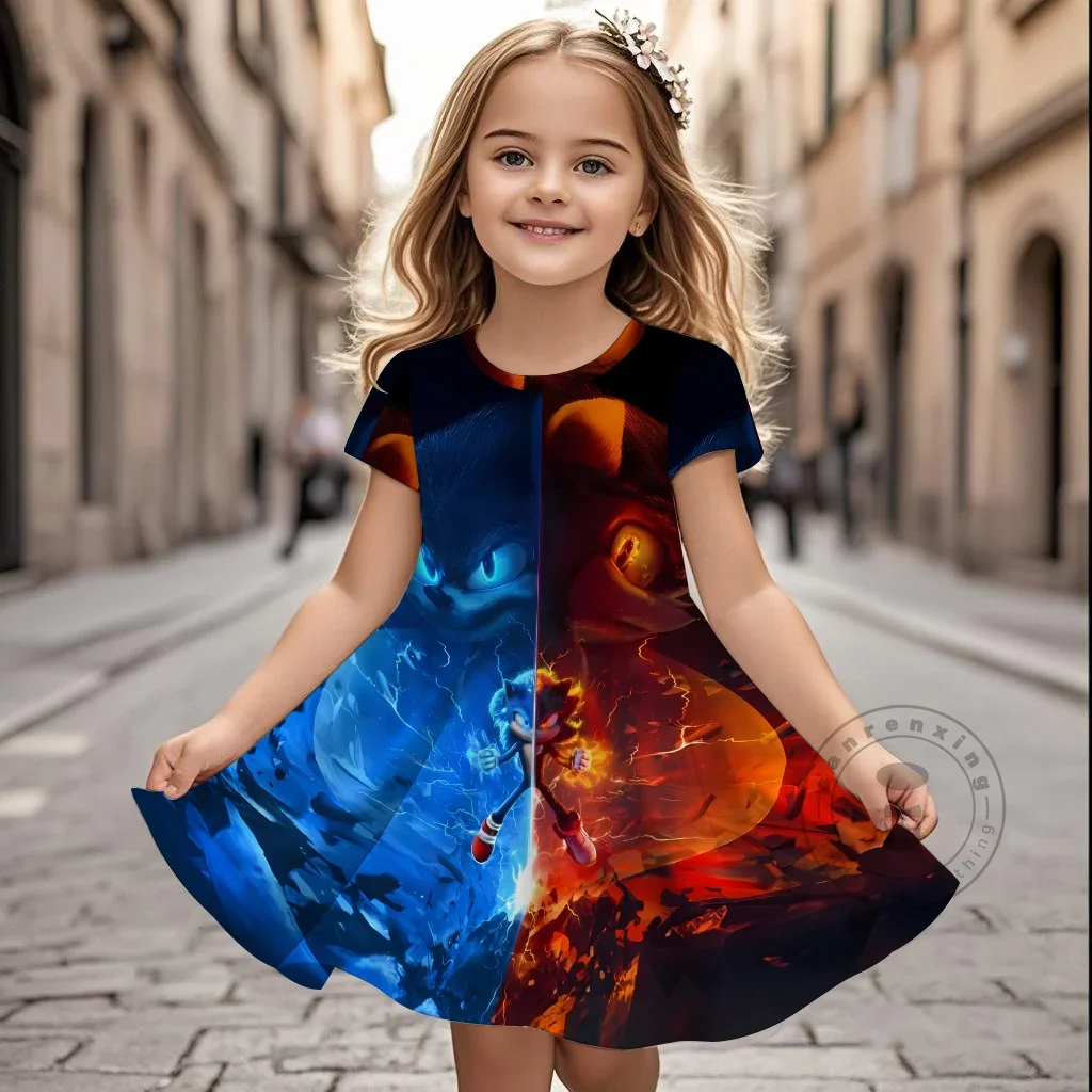 

Kawaii Sonic Dress Casual Outfits Girl Summer Disney Classic Cute Pattern 3D-Printed Children Girl's Cute Dress