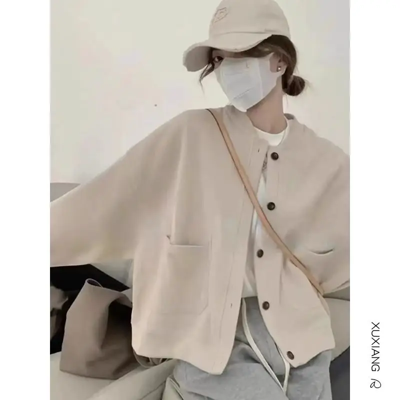 

Simple round neck sweatshirt cardigan for women spring and autumn loose lazy casual long-sleeved top small fragrant style jacket