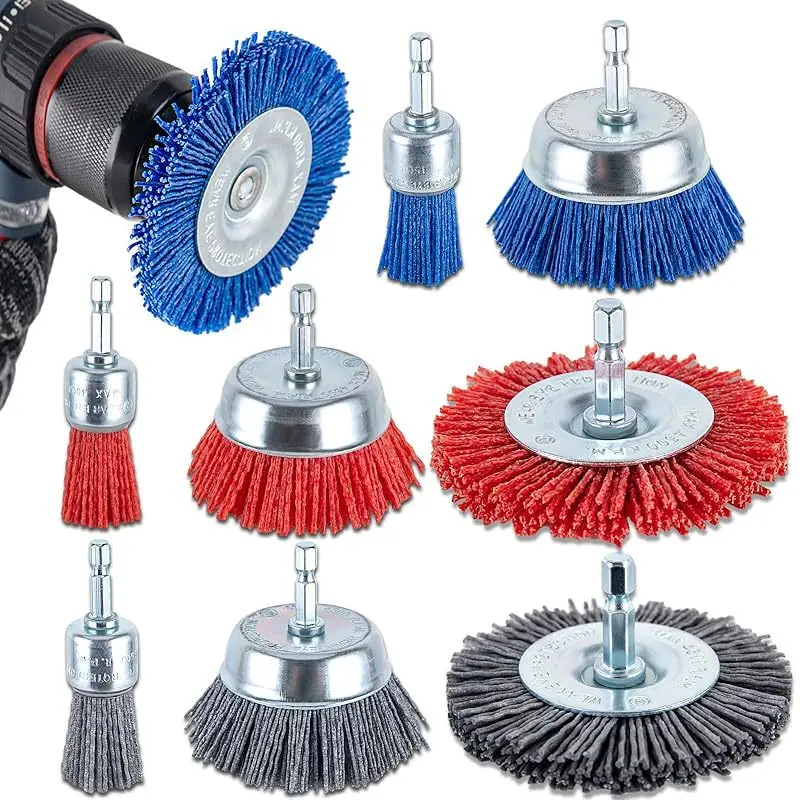 

9 Pack Nylon Abrasive Brush Set with 1/4 Inch Hex Shank for Rust Removal and Cleaning Nylon Filament Brushes