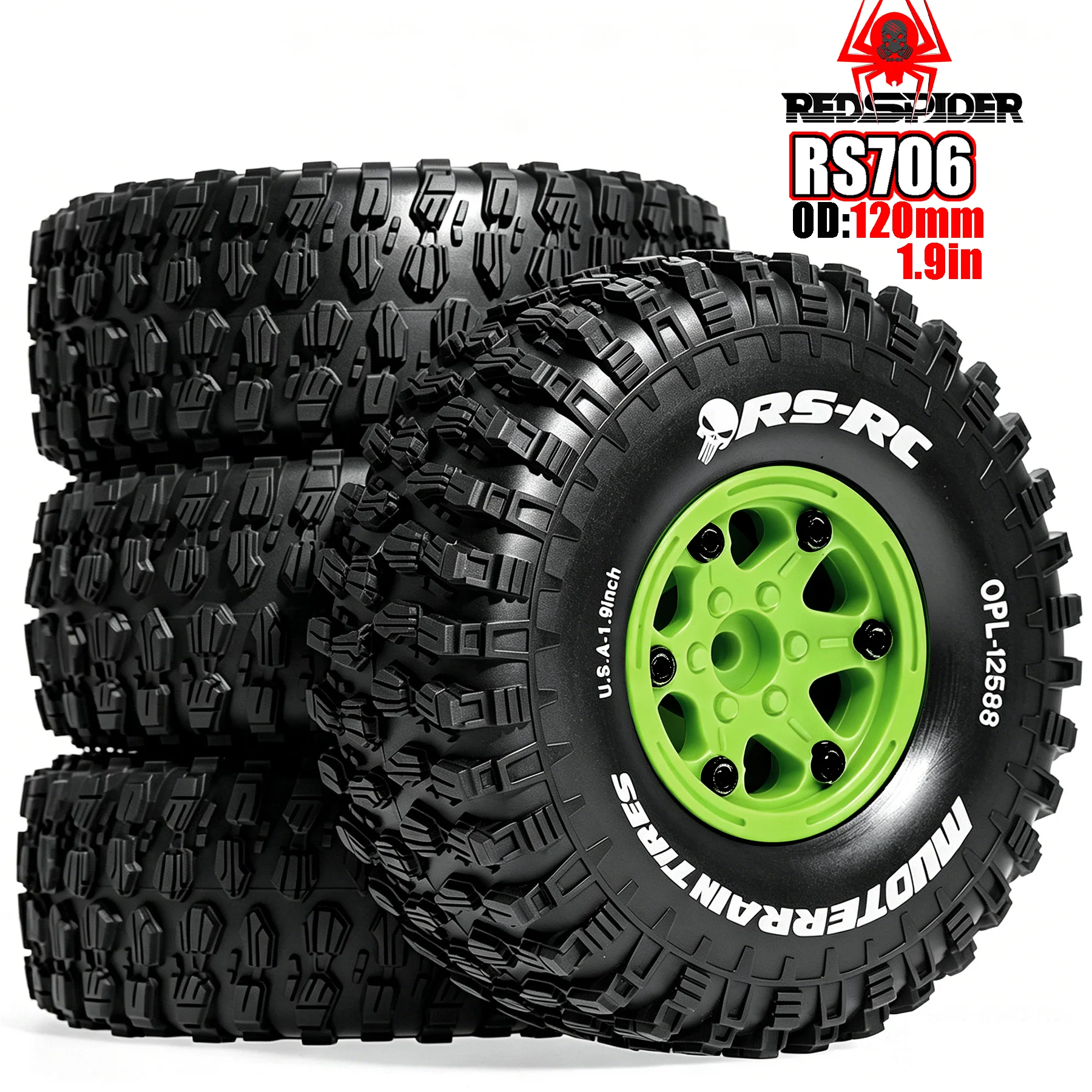 RED SPIDER 4Pcs 1.9 Inch Plastic Wheel Hub + 120mm All Terrain Rubber Fit 1/10 Axial SCX10 TRX4 TRX6  D90 Off Road RC Vehicle