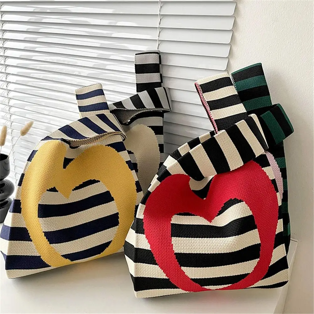 New Love Striped Handmade Knitted Handbag Minimalist Korean Women Mini Knot Wrist Bag Tote Bag Student Reusable Shopping Bags