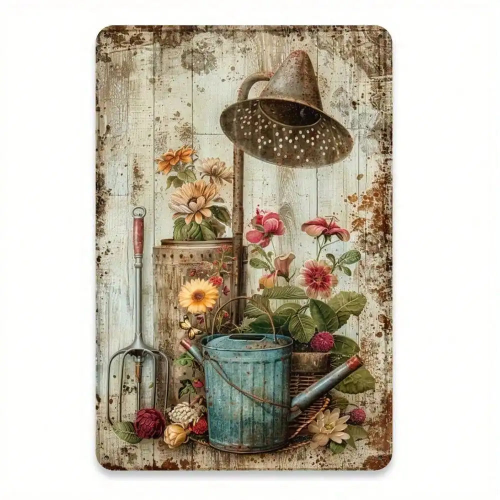 Vintage Garden Tin Sign 8x12 Inch Rustic Metal Wall Art Floral Watering Can Design Home Cafe Florist Decor