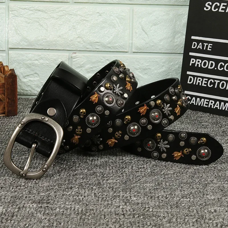 ファッショナブルなメンズとレディースのベルト,パンクスタイル,リベット,ヘッドレイヤー,牛革ベルト,3.8cm
