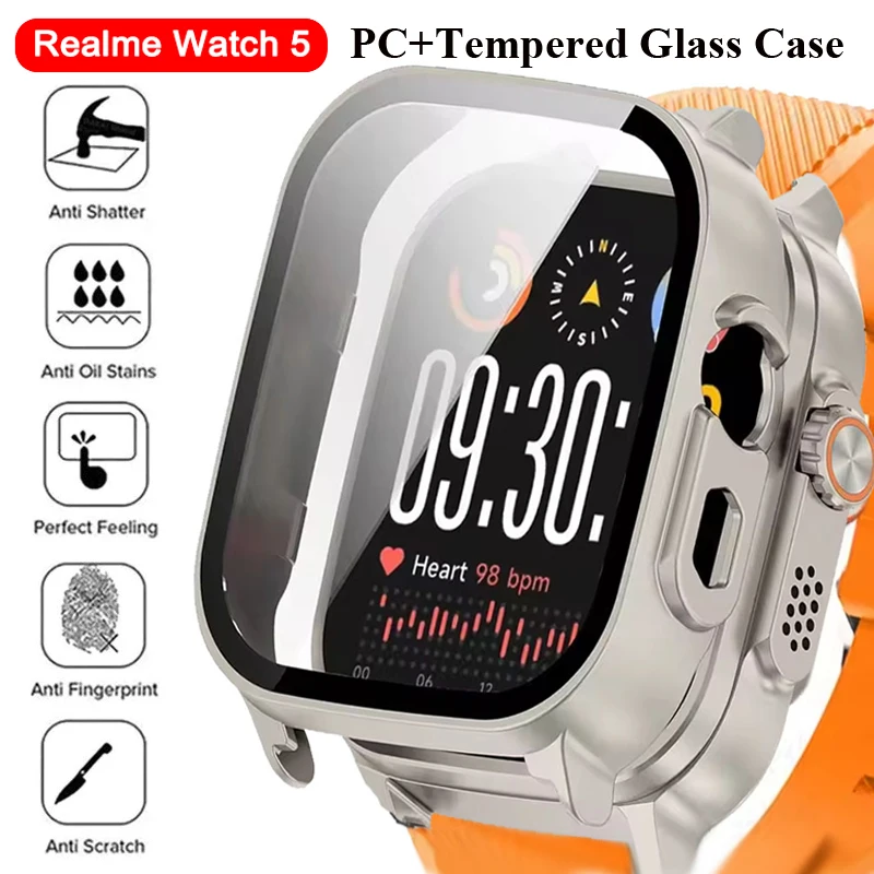Glas + PC-Gehäuse für Realme Watch 5, harter Stoßfänger, integrierter Ultra-HD-Schutz aus gehärtetem Glas, Abdeckung für Realme Watch 5-Zubehör