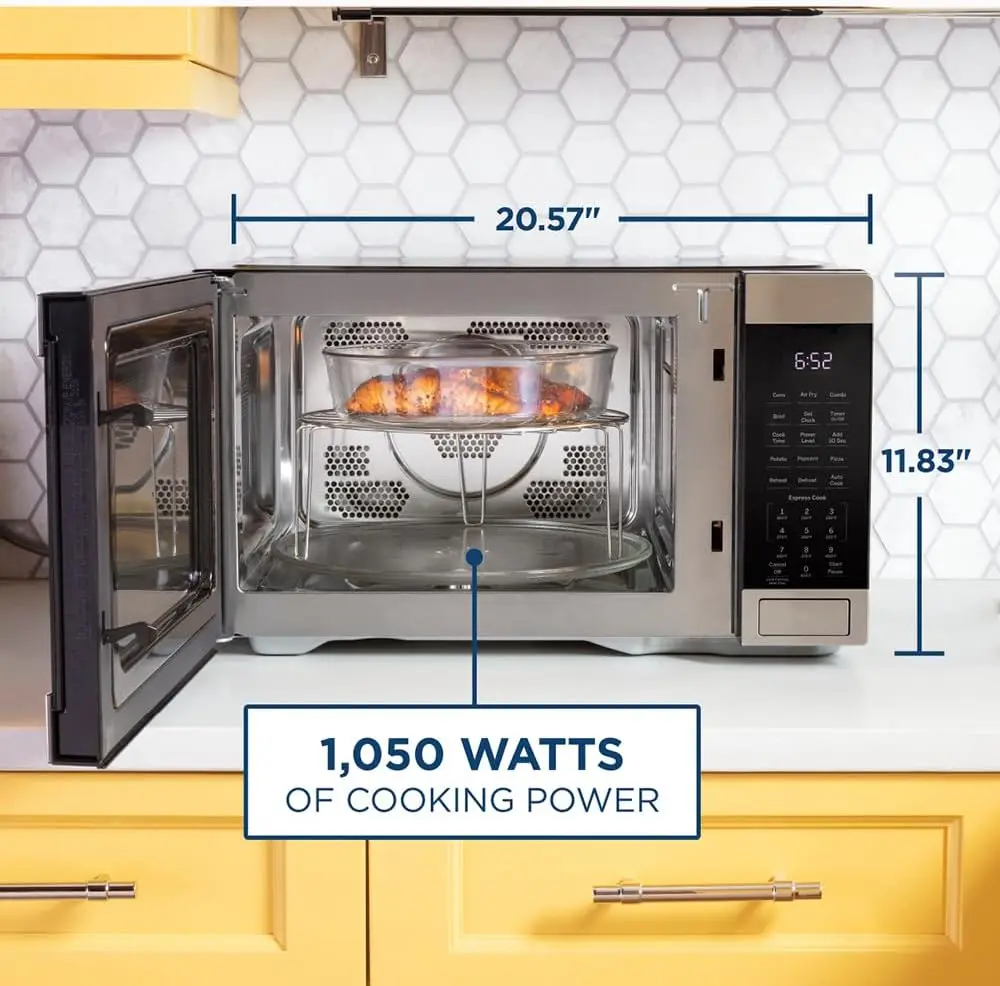 Oven Microwave meja 3-in-1 GE, lengkap dengan penggorengan udara, Broiler & Mode konveksi, kapasitas kaki kubik 1.0, 1,050 watt