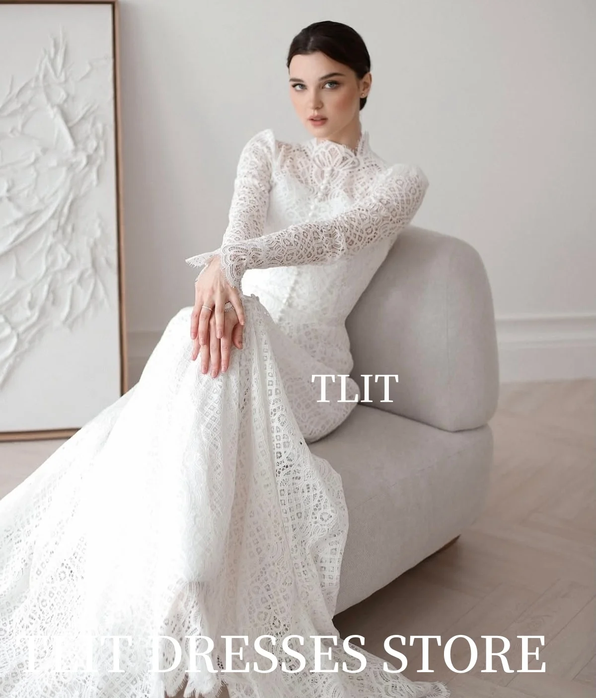 فساتين زفاف حورية البحر من الدانتيل الفاخر من TLIT مخصصة برقبة دائرية وأزرار زفاف وأكمام طويلة من الدانتيل زي العرائس