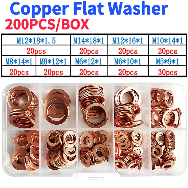 

200Pcs/Box M5 M6 M8 M10 M12 M14 M16 Solid Purple Copper Washer Flat Ring O Gasket Spacer Washers Sealing Solid Washer Flat Seal