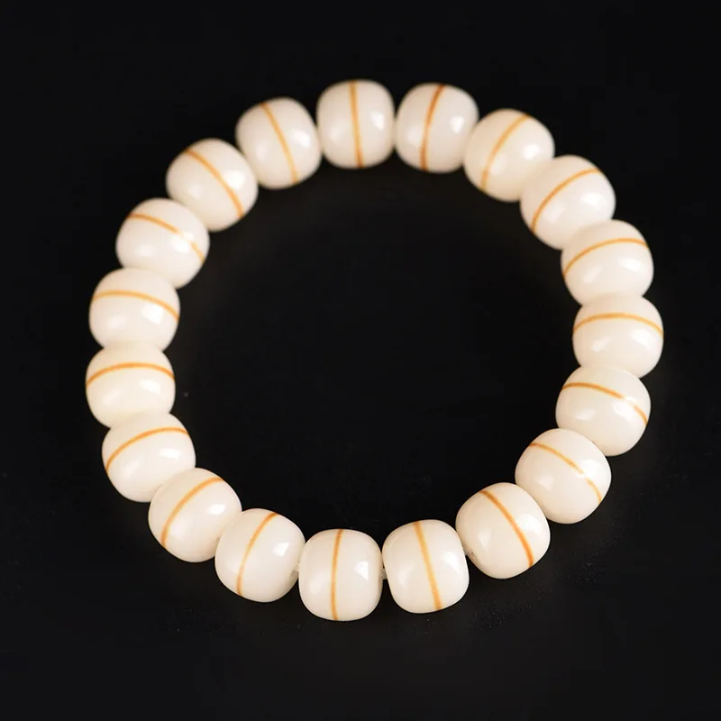 White Jade Root Bead Bracelet with Gold Thread, Old-Style Beads for Women, Hand-Cranked and Finger-Rubbed Bodhi Seeds
