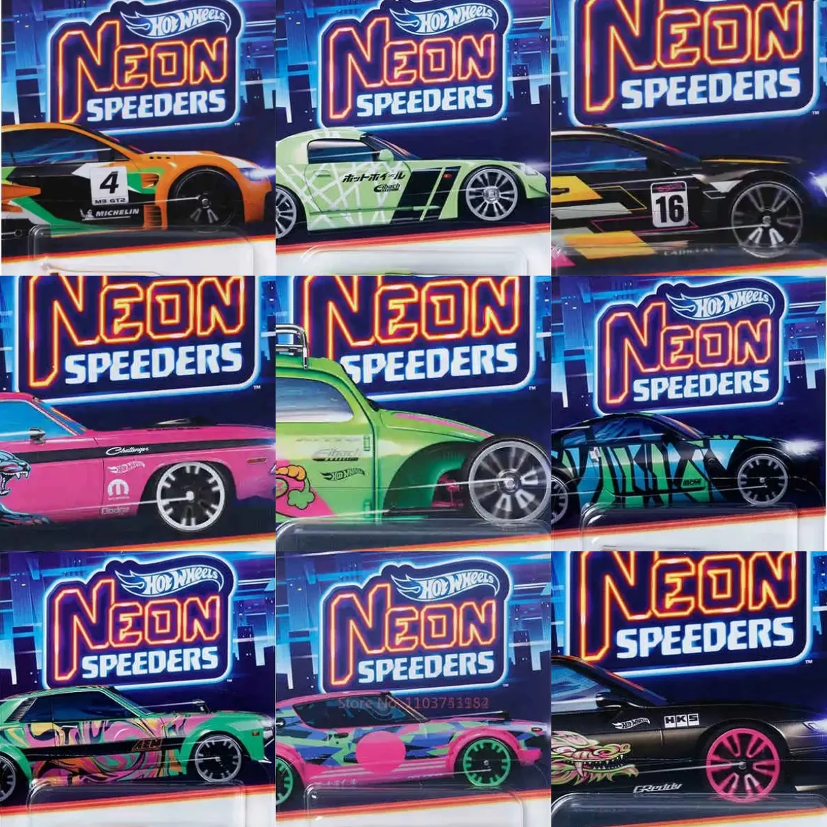 Hot Wheels Neon Speeders Series 8 Diecast Car Set 1/64 Scale Models Mazda RX-7 Datsun 510 B C D HLH72 Collectible Toy Xmas Gifts