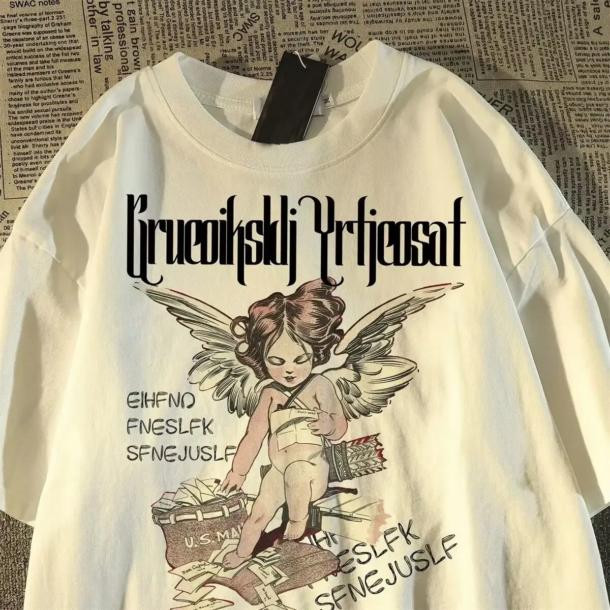 Summer Fashion Angel Graffiti Graphic T shirt American Harajuku Loose Personalized Y2K Men and Women streetwear T shirt