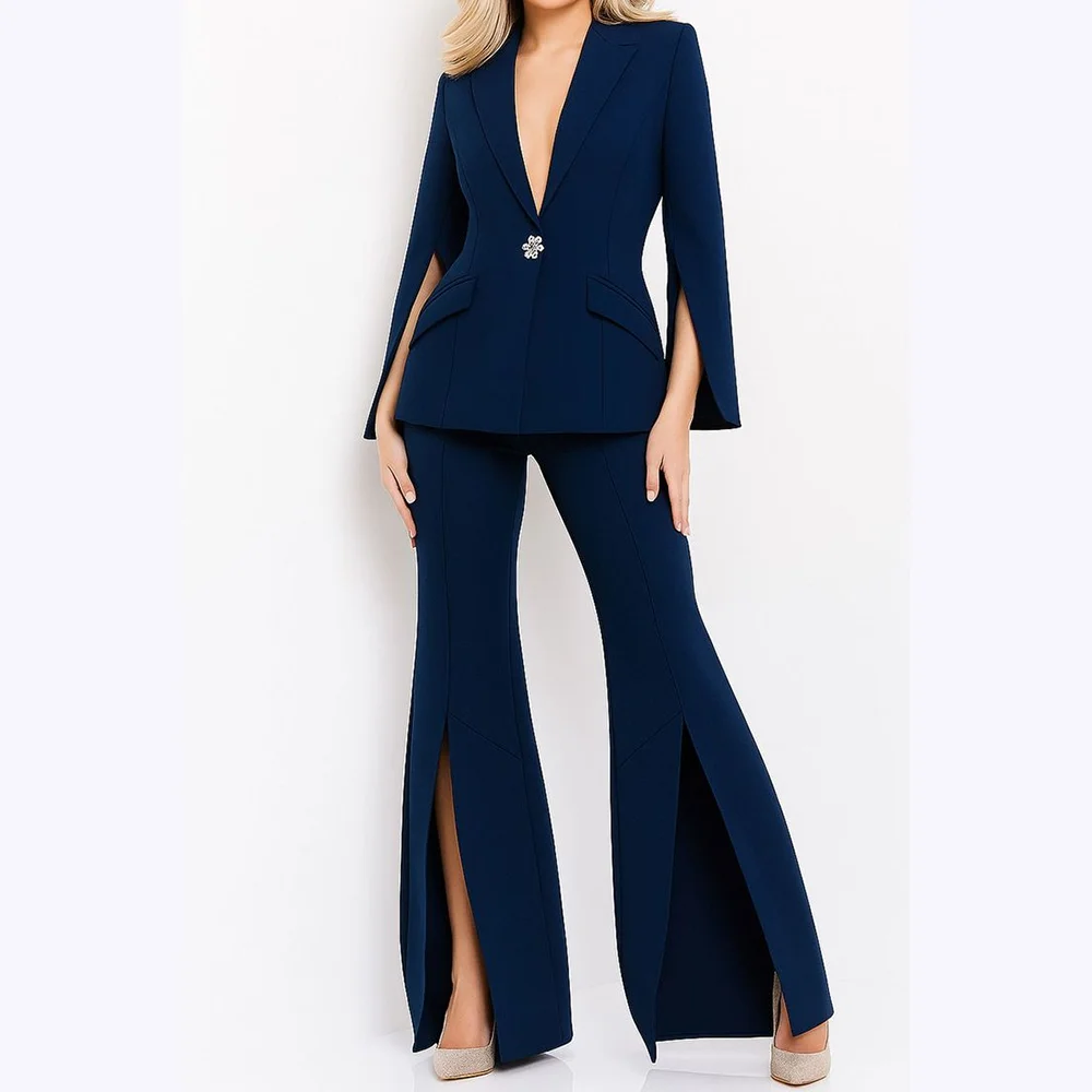 

Solid Color Women's Suits Single Button Straight Elegant Outfits Peak Lapel Split Fashion Casual Female Suit Daily Office Set