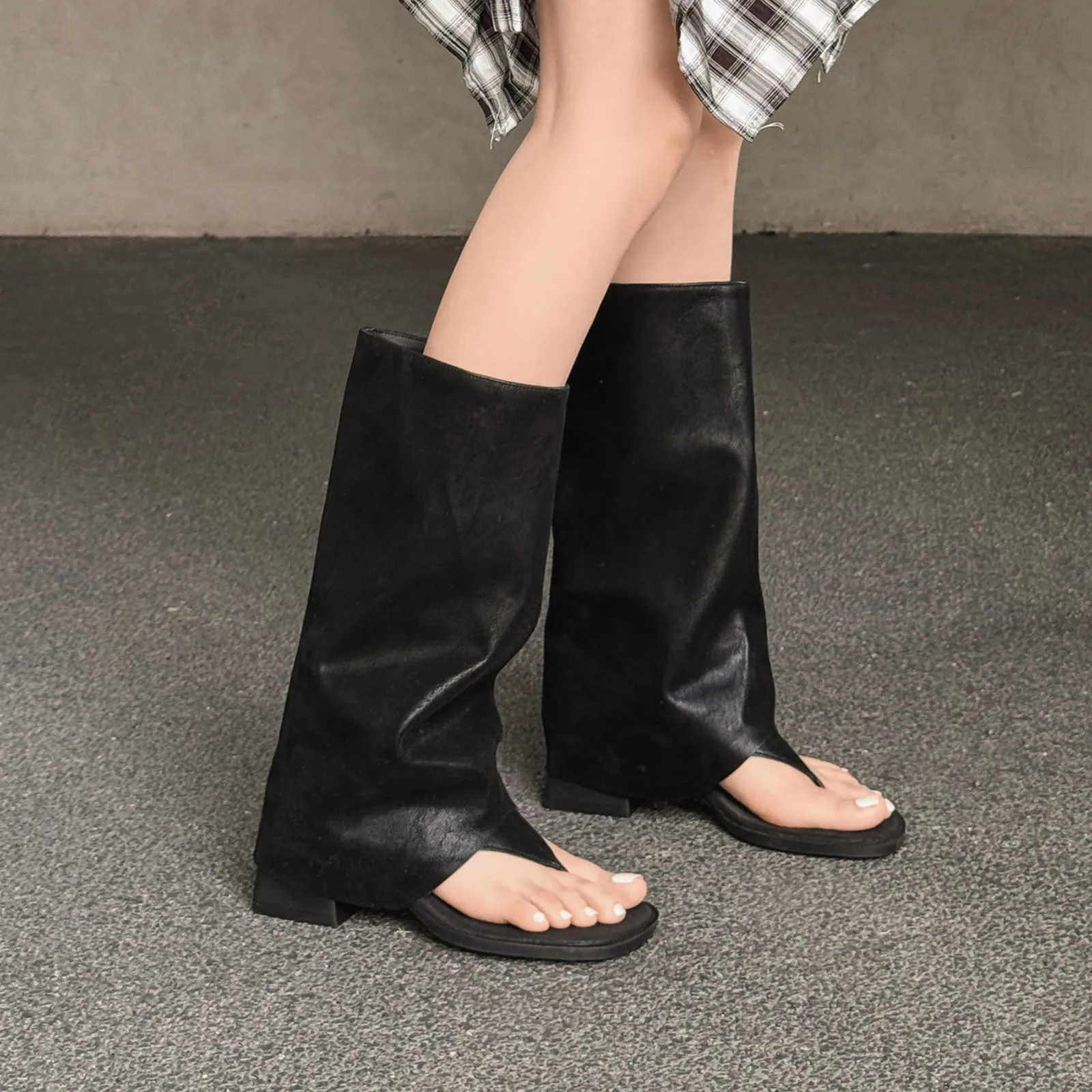 Arden Furtado Summer Pinch toe Trouser legs boots Round toe Turned-over Edge Slip-on Middle heel Cool boots Knee high boots