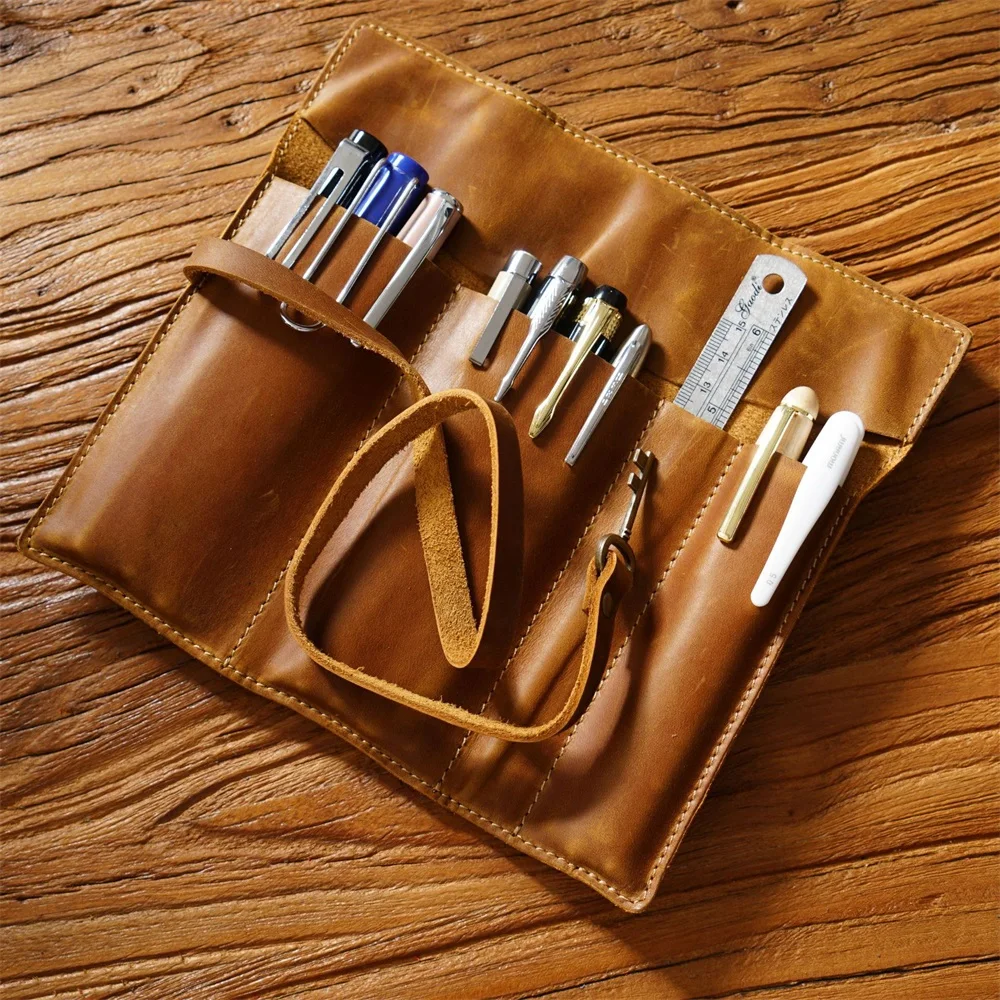 Estuche de lápices de cuero genuino con cuerda para llaves, bolsa para bolígrafos, papelería escolar Retro, bolsas de almacenamiento para