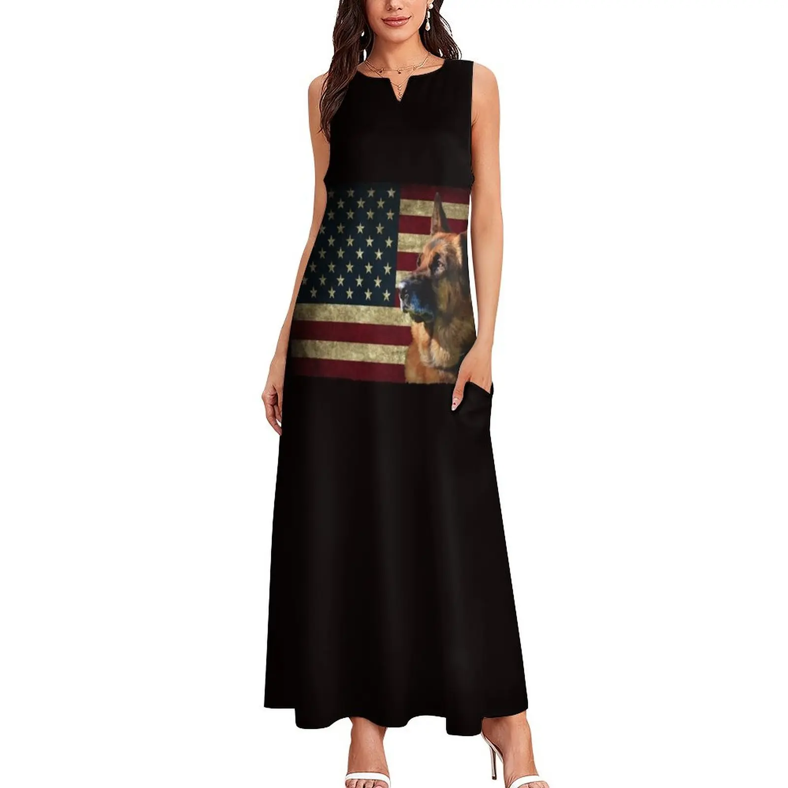 German Shepherd face American Flag lover 4th of July gift GS dog dad GSD Dog mom Long Dress elegant dress Elegant gown