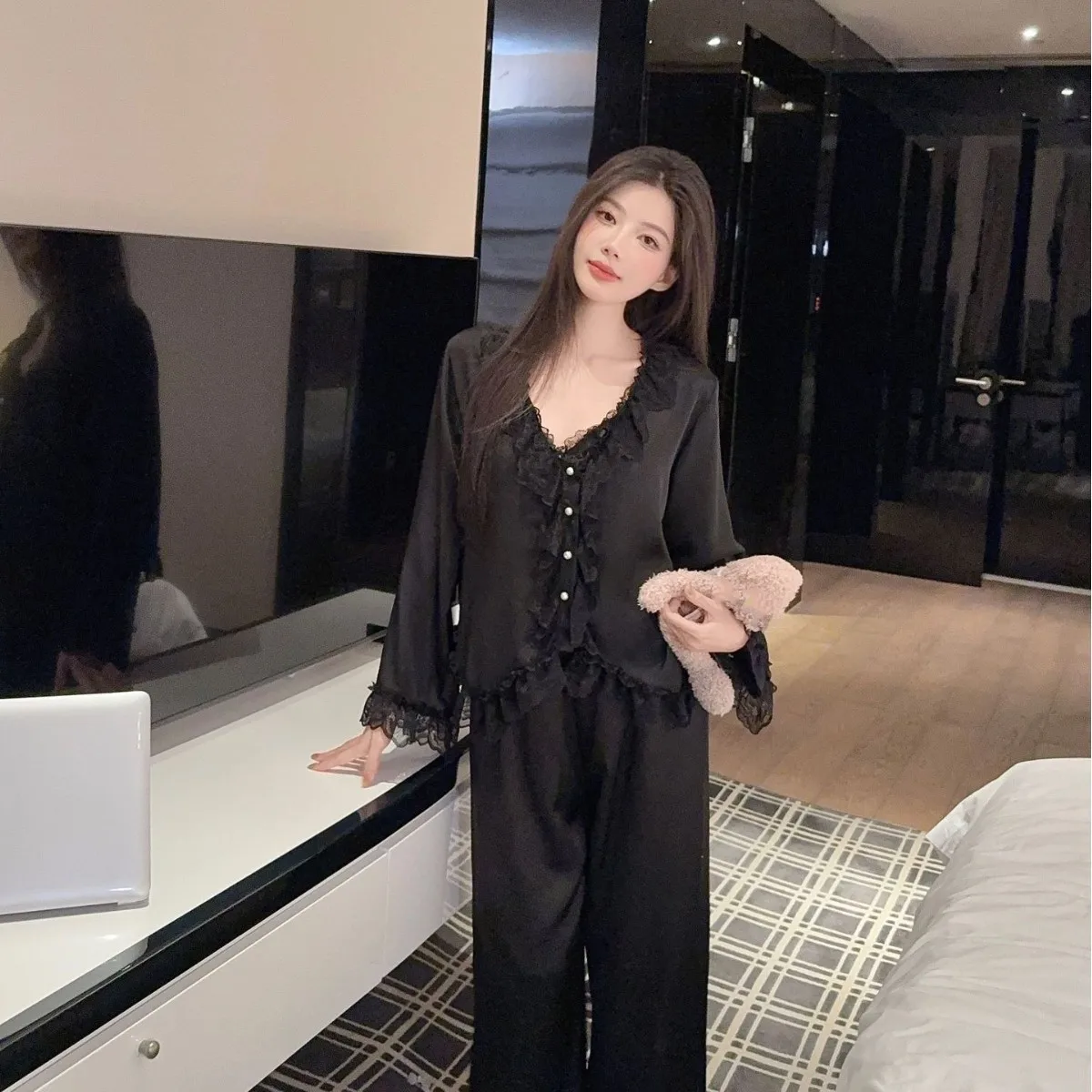 Women's Pajamas Set Elegant Lace Trim Sleepwear Trouser Suits Spring Silk Satin Home Wear Pijamas Loose Pyjama