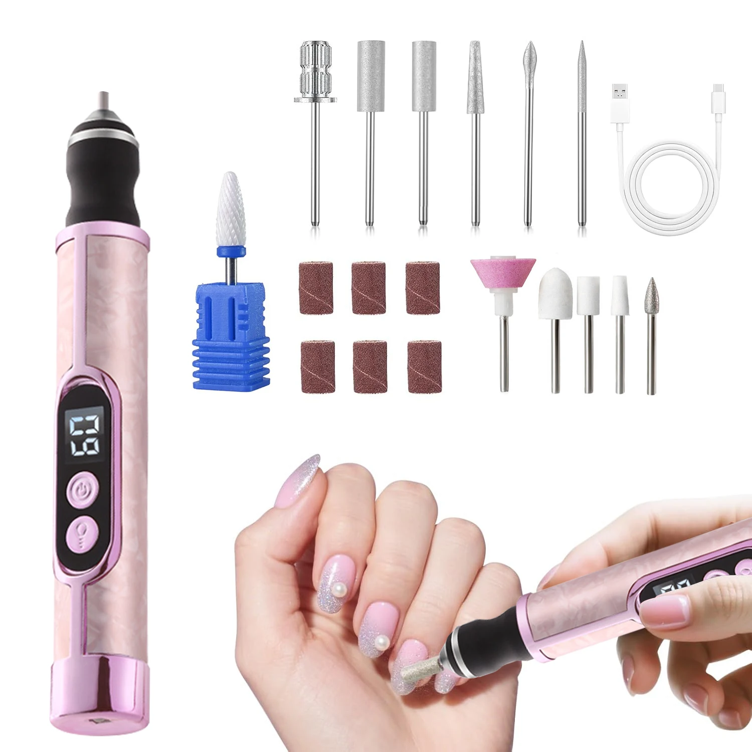 

Nail Drill Machine Kit 5 Levels Rechargeable Electric Portable Nail Sander File for Gel Nails Polishing with 6 Sanding Rings