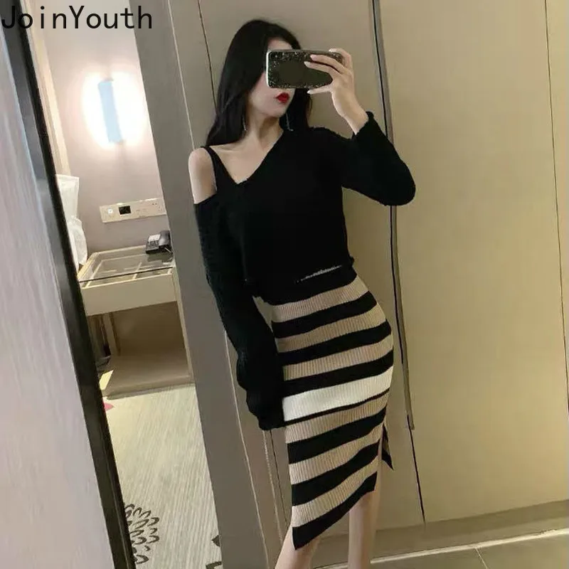 Joinyouth Zwei Stück Outfits für Frauen Koreanische Vintage Gestreiften Strick Slim Fit Anzug Crop Tops Weibliche Roupas Mode 2 Stück set