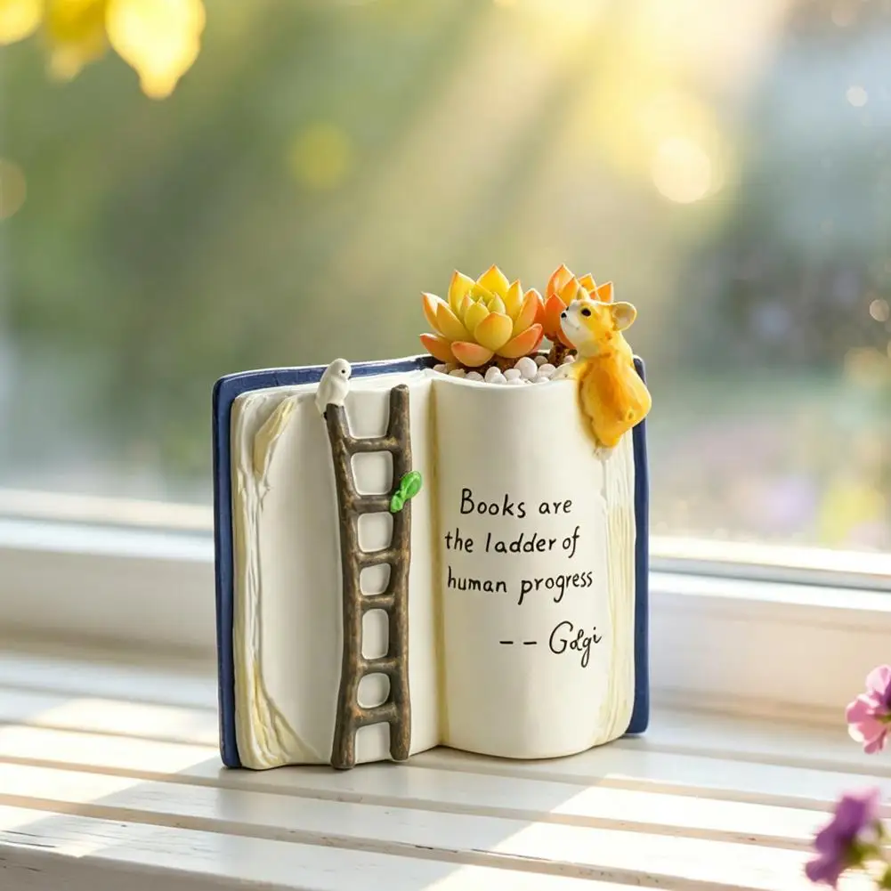 Artistic Reading Lover Gift Book Shape Flower Pot Book Shaped Flower Pot with Ladder Puppy Bird Design Planter Decorative Desk