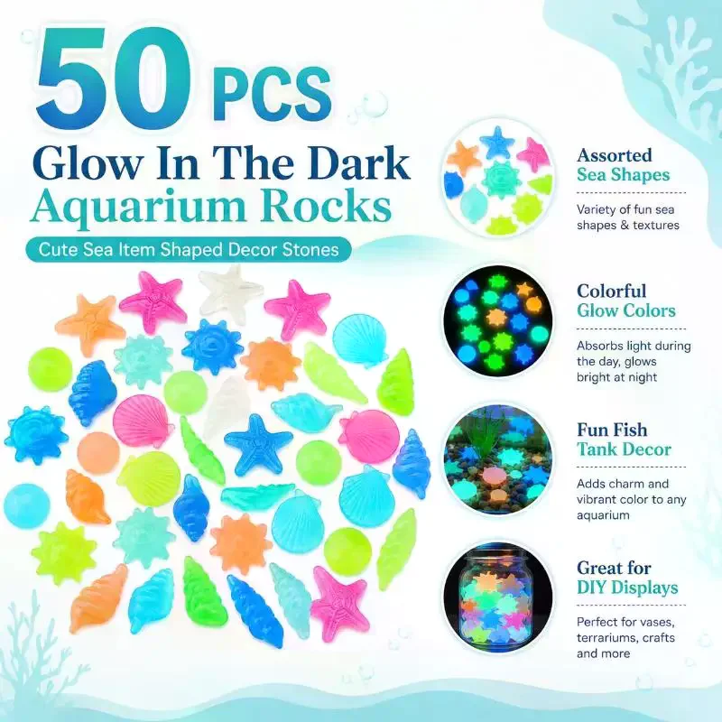 50Pcs Glow In The Dark Pebble Set Cute Sea Shell Starfish Design Waterproof for Fish Tank Flower Pot Yard Decor