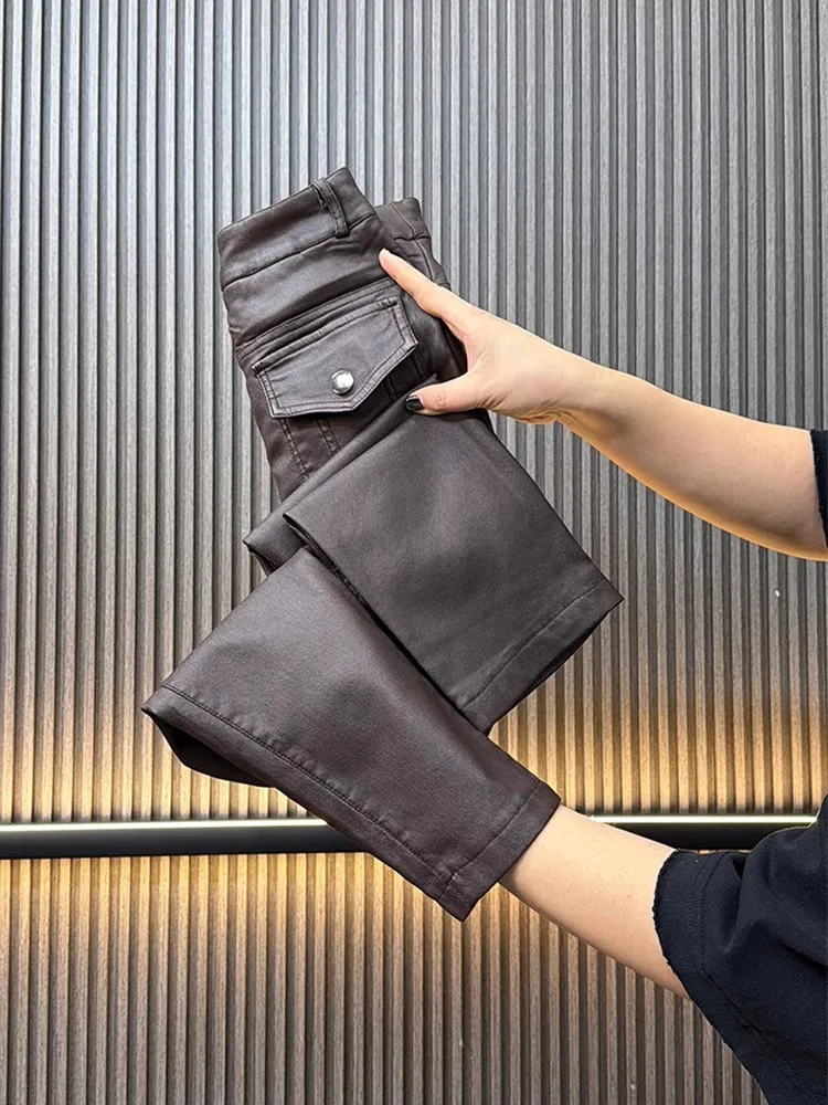 

Women Fleece-lined Leather Pants Fashion Y2k Washed Coated PU Slacks Winter High Waist Straight Slimming Cropped Pencil Trousers