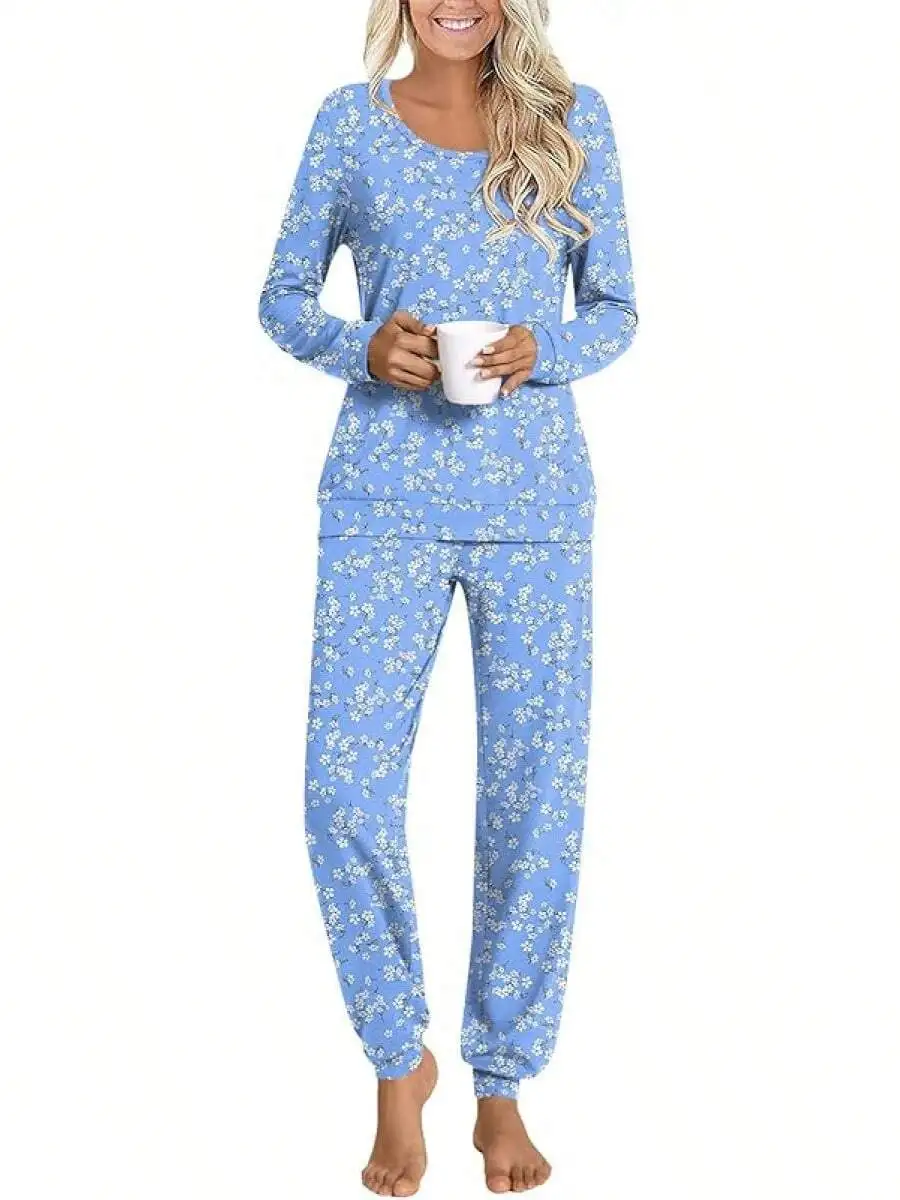 Womens 2 Piece Lounge Pajama Set Long Sleeve Top And Pants With Pockets Soft Rayon Spandex