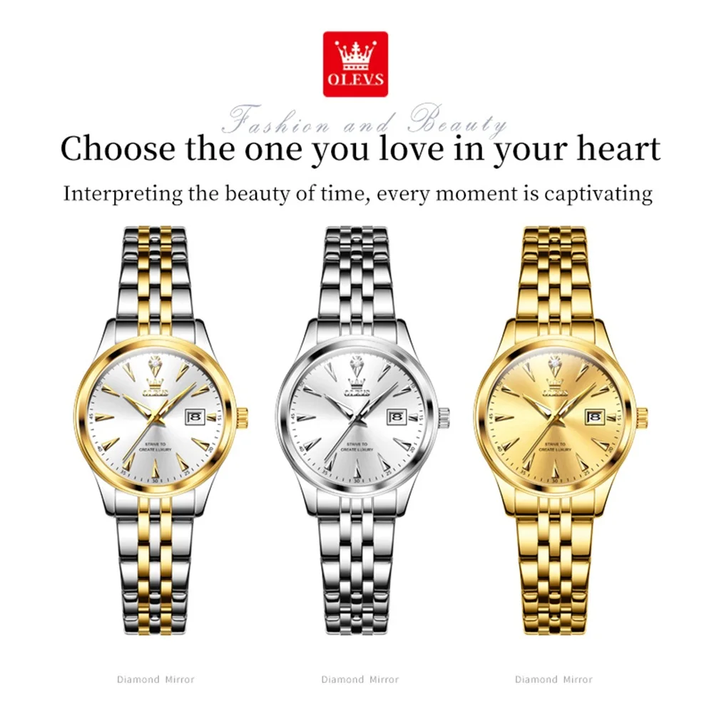 OLEVS Women's Watches Fashion Light Luxury Golden Stainless steel Quartz Watches Waterproof Luminous Date brand Ladies Watches
