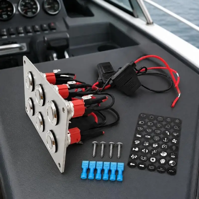 Stainless Steel 6-Button Panel for Marine and Vehicle Electrical Installations with Circuit Components, Labels, Terminals, X37F