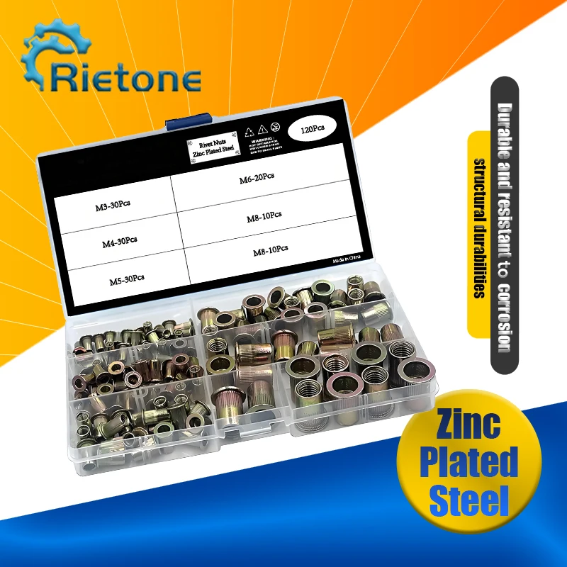 120pcs Set Mixed 304 Stainless Steel Rivet Nut M3 M4 M5 M6 M8 M10 Nut Carbon Steel Flat Head Threaded Insert Nut Kit