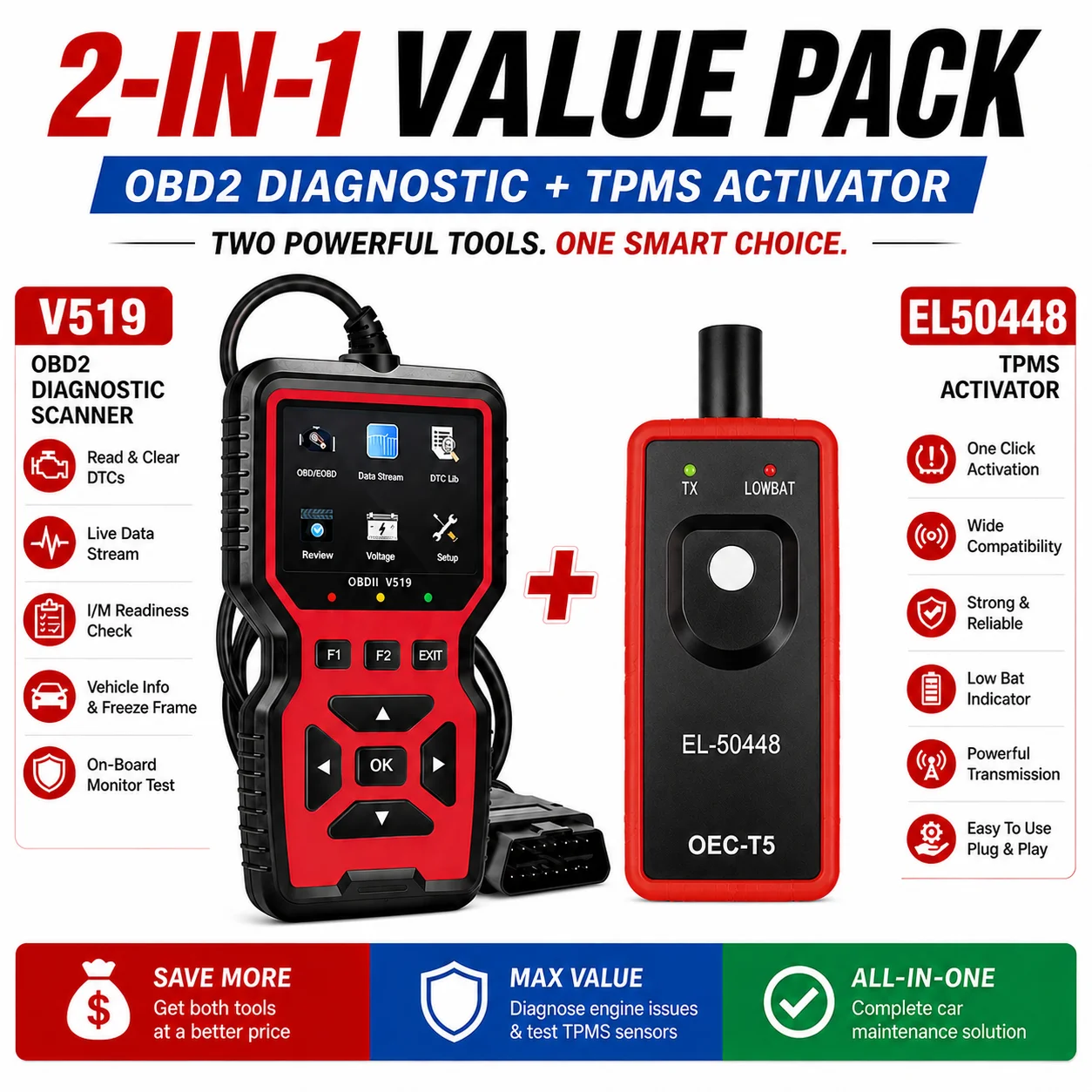 

V519 OBD2 Diagnostic Scanner & EL-50448 TPMS Reset Tool Kit Engine Code Reader Battery Tester Tire Pressure Sensor Relearn Activ