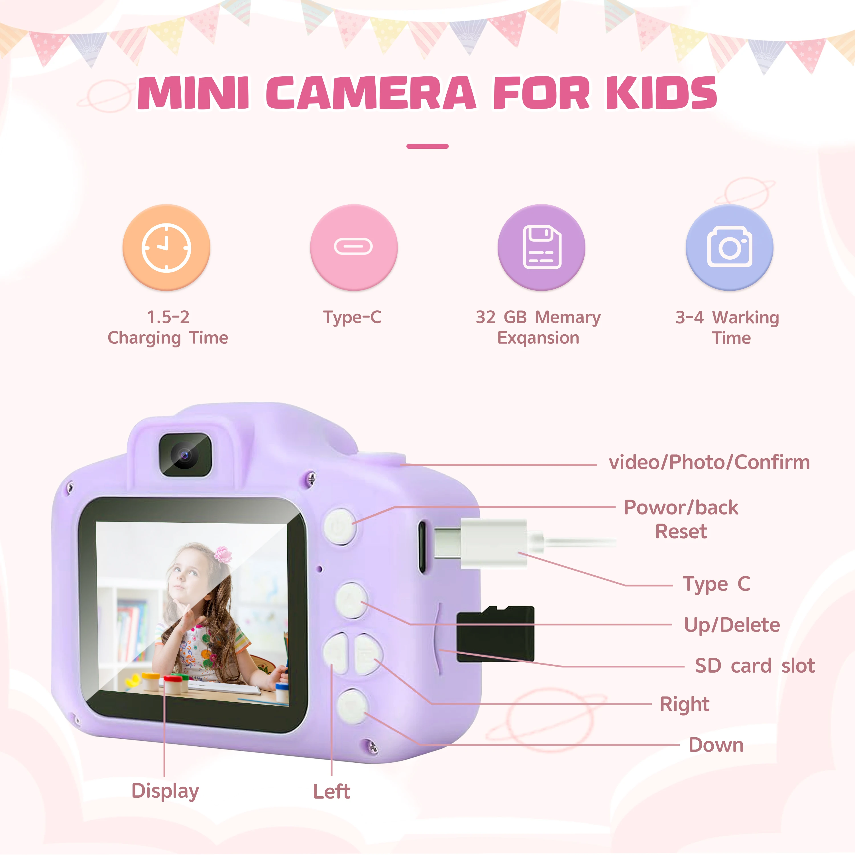 ids カメラ 1080P HD - TF GB SDカード付属、40MPデュアルレンズ、セルフィーモードと楽しいフィルター搭載、耐衝撃性、3～12歳向け