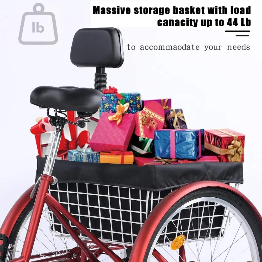 24 26 دراجة ثلاثية العجلات للكبار 7 سرعات 3 عجلات دراجات جبلية ثلاثية العجلات مع سلة مسند الظهر مقعد لكبار السن والنساء والرجال متعددة #3