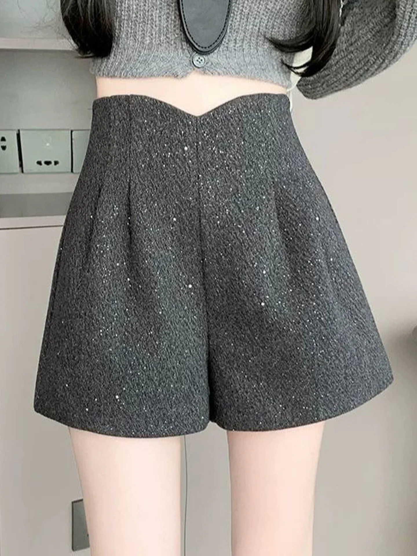Korean Star Point Woolen Wide Leg Short Pants Women's Casual High Waist A-Line Boot Pants Autumn New Style Compact Size