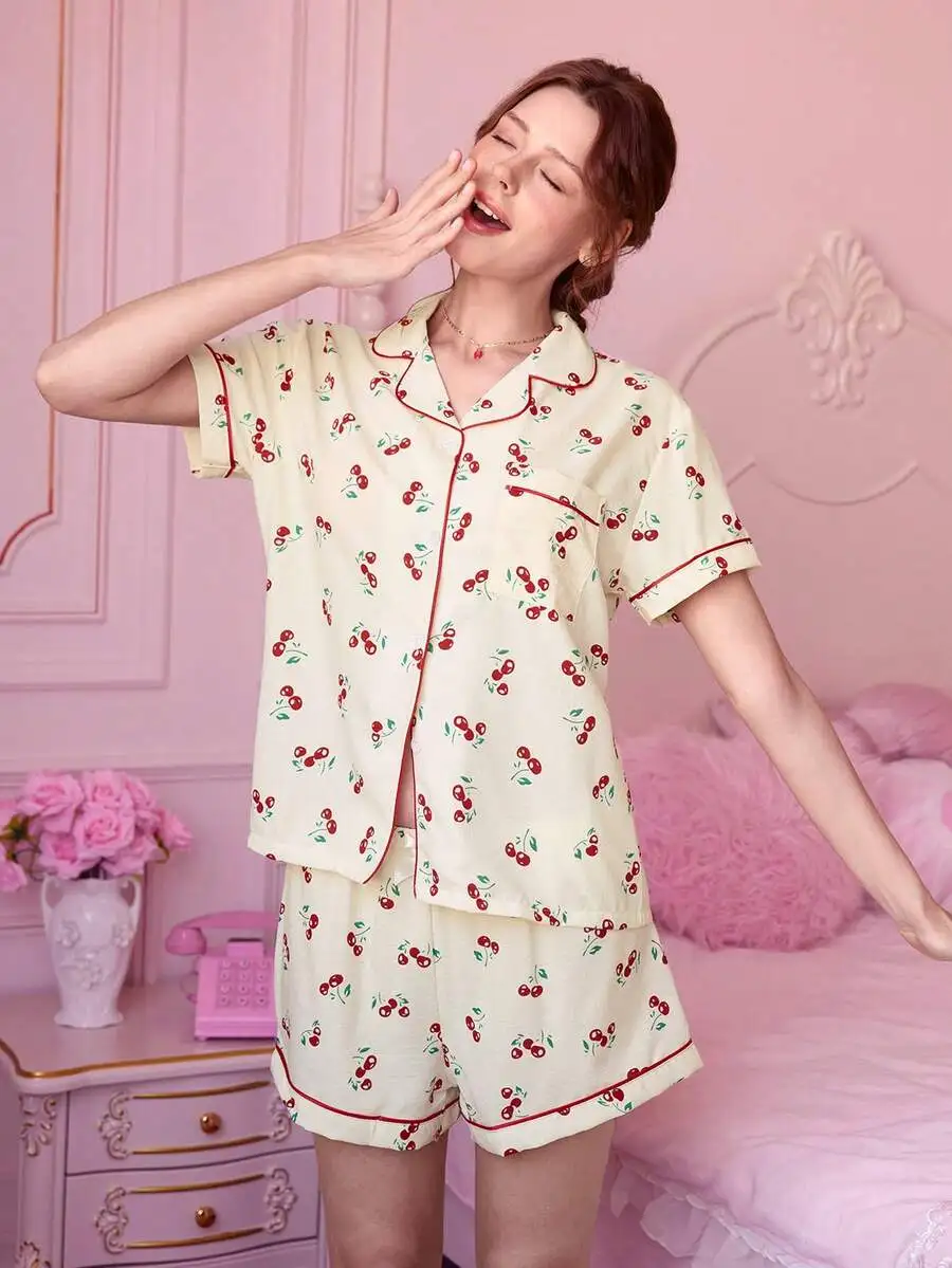 

Womens Cherry Print Short Sleeve Button Down Pajama Set Summer Loungewear