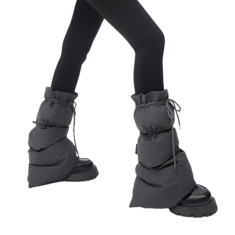 Women Winter Padded Puffer Leg Warmers for Outdoor Work and Sports Adjustable Drawstring Flared Boot Covers Long Socks