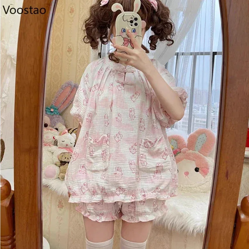 Kawaii Lolita Style Bunny Print Pajamas Set Girly Cute Short Sleeve Tops Shorts Suit Women Casual Princess Homewear Pijam UN8000