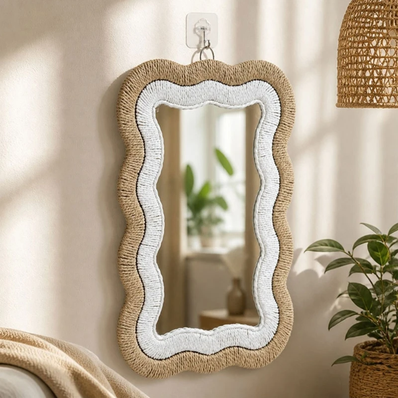 Decorative Wall Mirror with Natural-Fiber Textured Border and Hanger for Coffee Shop, Commercial, or Guesthouse Display Y5GB