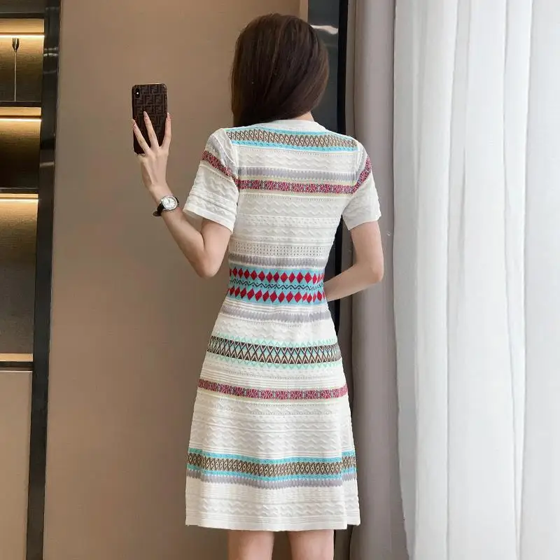 Woman Vintage Short Sleeve Striped O-neck Mini Dresses 2024 Summer Elegant Classic Office Lady A-Line Dress Women\'s Clothes