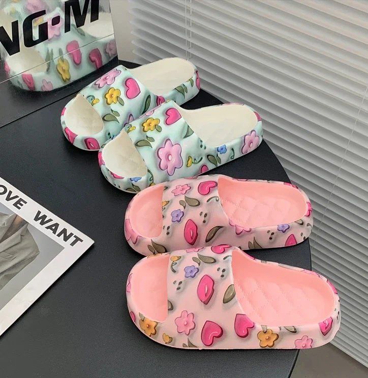 3D Printed EVA Non-Slip & Deodorant Slippers for Women's Summer Home Wear Thick-Bottomed Bathroom Beach Cool Slippers