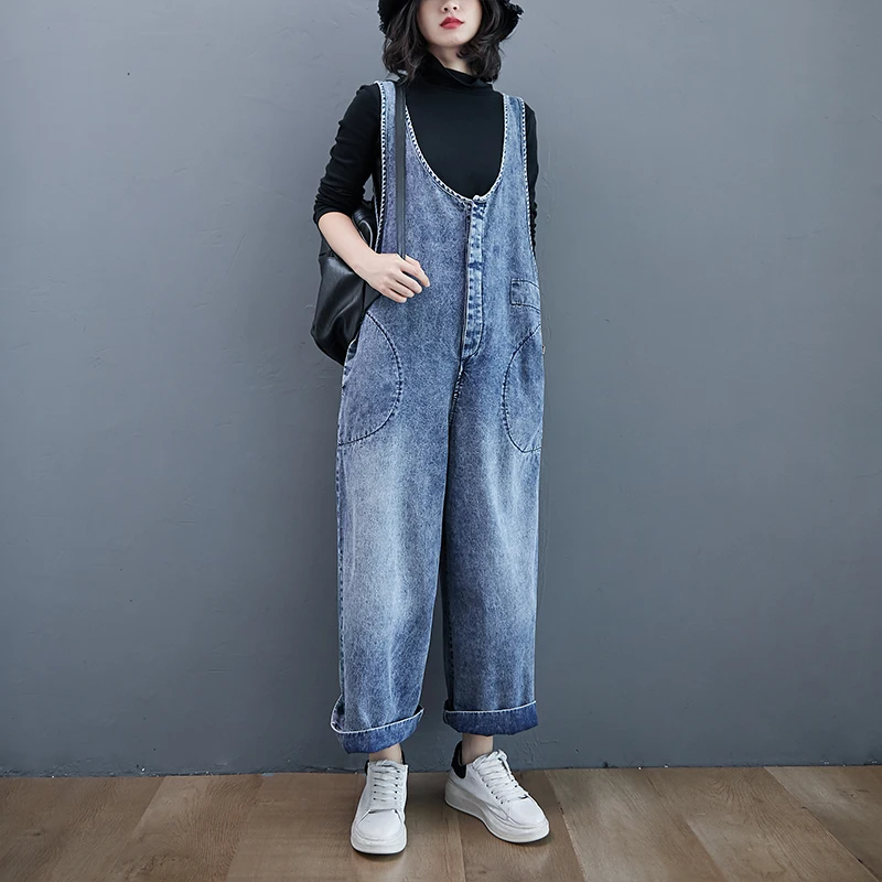 أفرول جينز نحيف للنساء ربيع  جديد فضفاض مقاس كبير عصري بأرجل واسعة قطعة واحدة مضاد للشيخوخة