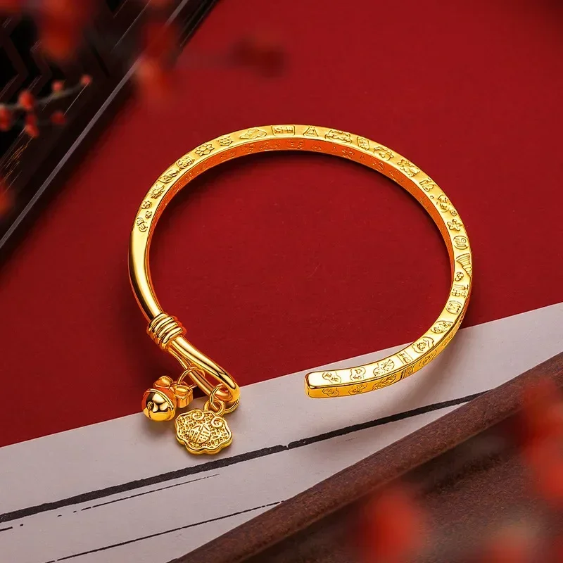 

9999 24K real gold 5D Gold Buckle Bracelet 2024 New Versatile Opening Ethnic Style Hanging Bells Bangles for Women