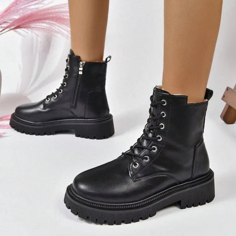 Winter Warm Short Plush Ankle Boots Women Fashion Zip Lace Up Platform Combat Boots Woman Comfy Low Heels Pu Leather Botas Mujer image 4